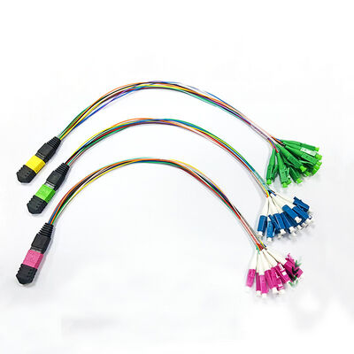 12 çekirdekli MPO-LC Multimode Fiber Optic Breakout Patch kablosu MPO kasetleri ve modüler kablolar için 0.9mm